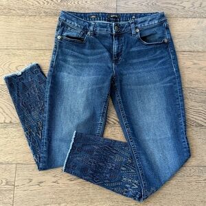 Miss Me Embroidered Frayed Hem Ankle Skinny Jeans